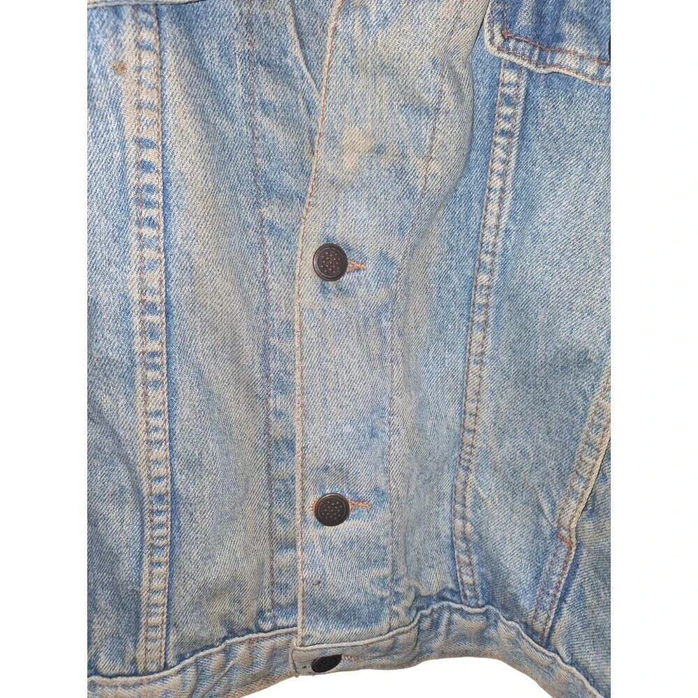 Custom Vintage Denim Jacket Trucker Size L Sauce Blue Plaid Drip Rizz Ripped‎
